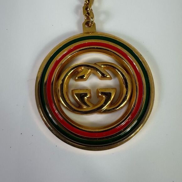Gucci Vintage Interlocking G Gold Red Green Key Ring Bag Charm - Picture 1 of 6